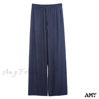 Amy Fashion - New Ladies Ice Silk Light Wide Leg Trousers Blue / S