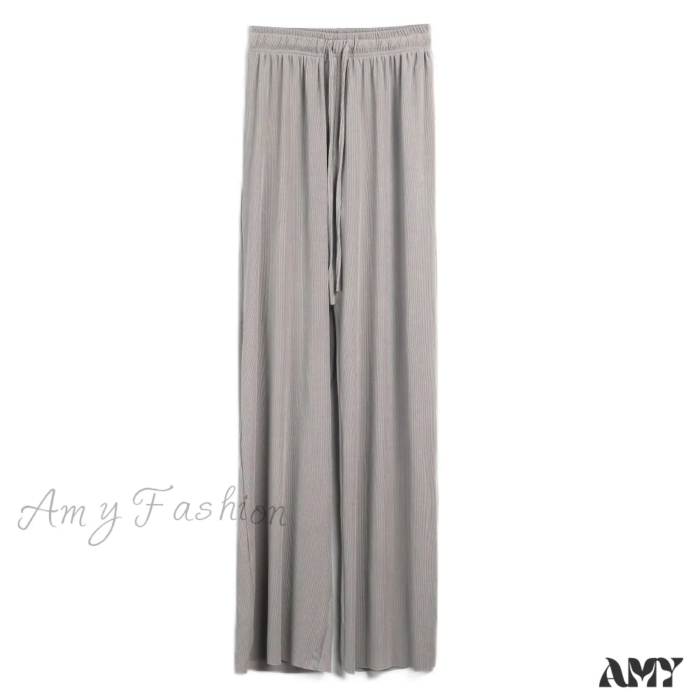 Amy Fashion - New Ladies Ice Silk Light Wide Leg Trousers Grey / S