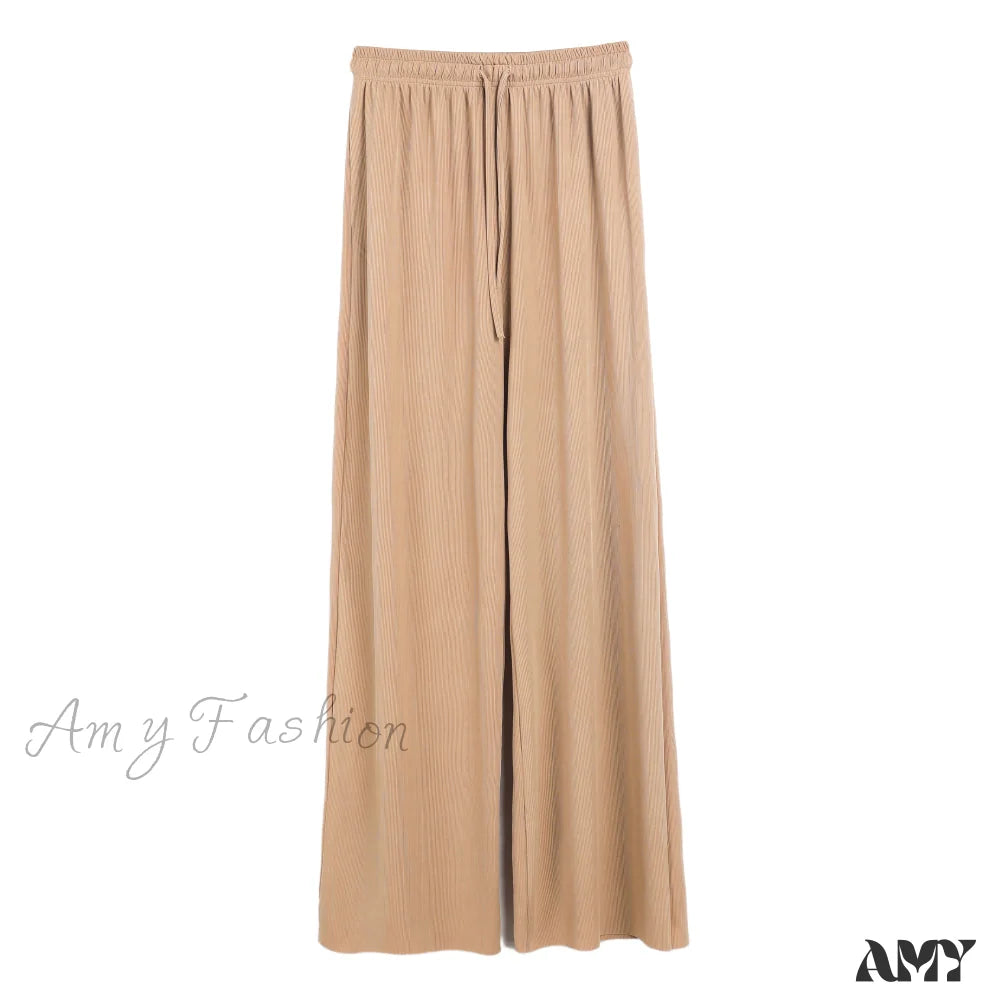 Amy Fashion - New Ladies Ice Silk Light Wide Leg Trousers Khaki / S