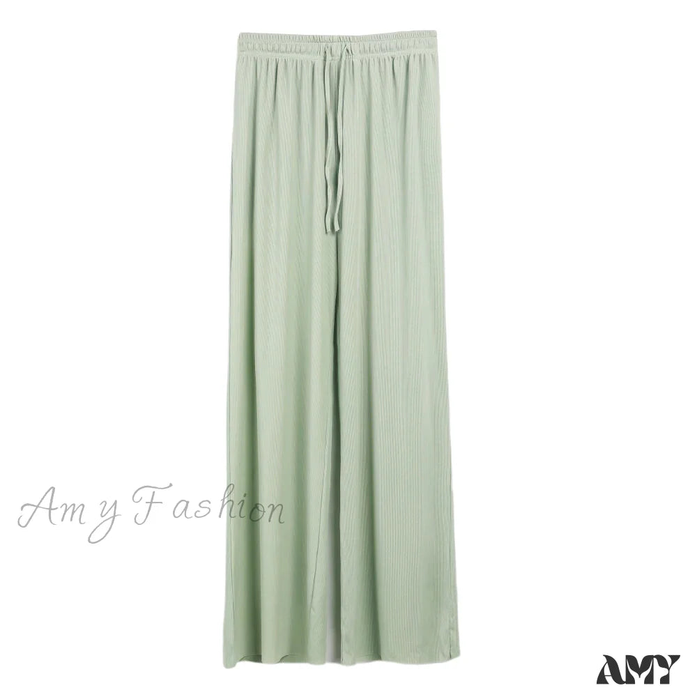 Amy Fashion - New Ladies Ice Silk Light Wide Leg Trousers Lightgreen / S