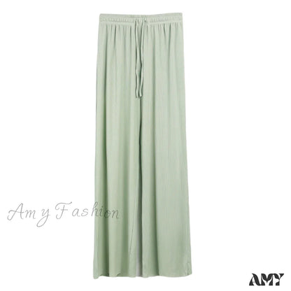 Amy Fashion - New Ladies Ice Silk Light Wide Leg Trousers Lightgreen / S