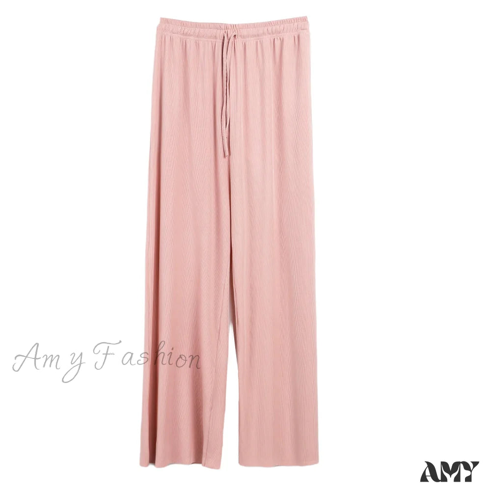 Amy Fashion - New Ladies Ice Silk Light Wide Leg Trousers Pink / S