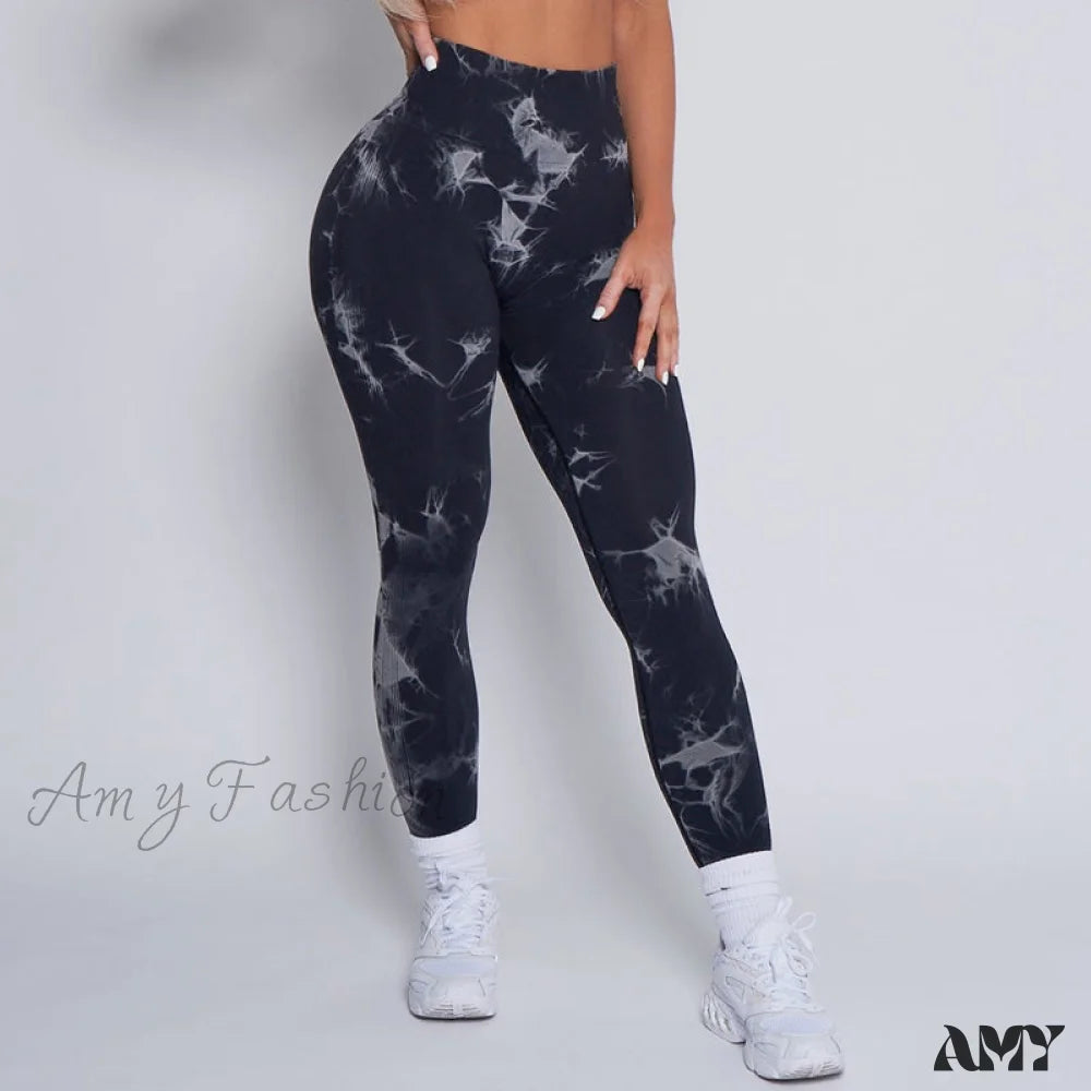 Amy Fashion - New Lightning Marble Scrunch Butt Leggings Black / Xs