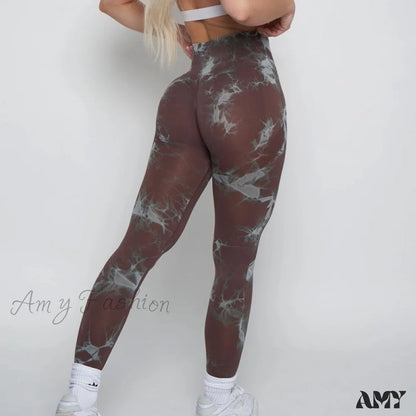 Amy Fashion - New Lightning Marble Scrunch Butt Leggings Brown / Xs