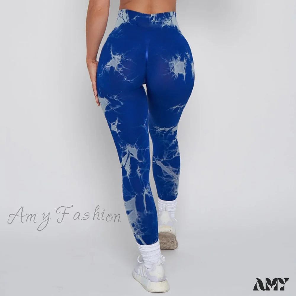 Amy Fashion - New Lightning Marble Scrunch Butt Leggings Dark Blue / Xs