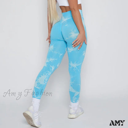 Amy Fashion - New Lightning Marble Scrunch Butt Leggings Light Blue / Xs