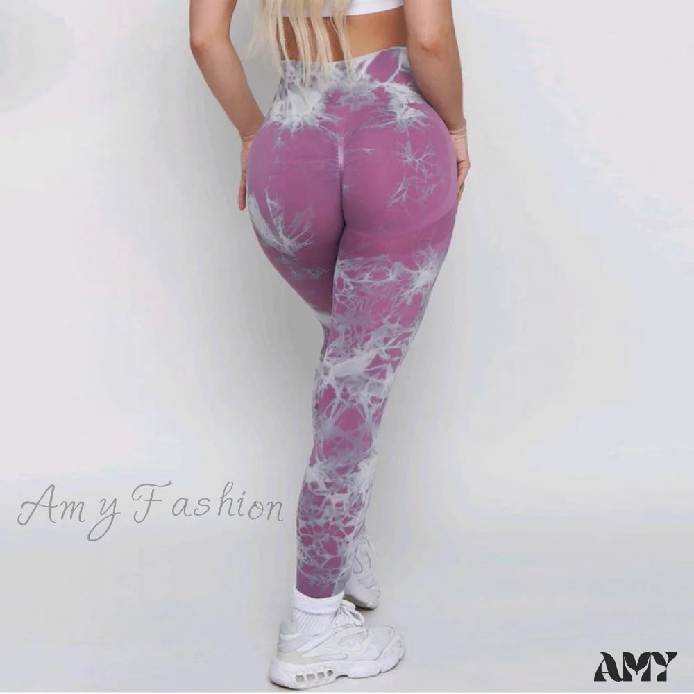 Amy Fashion - New Lightning Marble Scrunch Butt Leggings Purple 1 / Xs