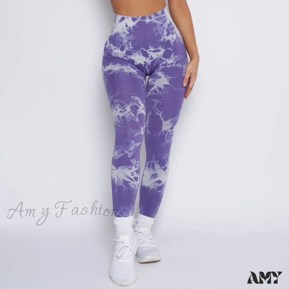 Amy Fashion - New Lightning Marble Scrunch Butt Leggings Purple 2 / Xs