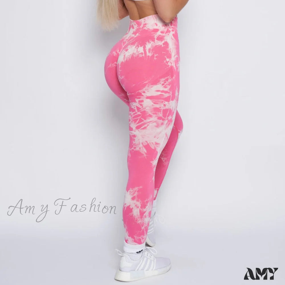 Amy Fashion - New Lightning Marble Scrunch Butt Leggings Rose Red / Xs