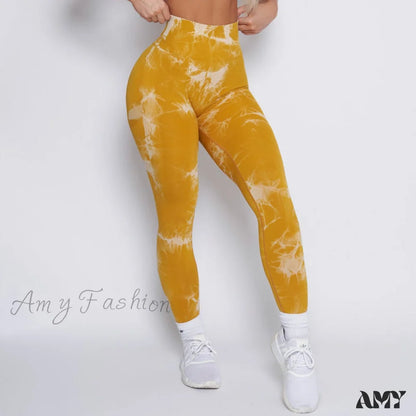 Amy Fashion - New Lightning Marble Scrunch Butt Leggings Yellow / Xs