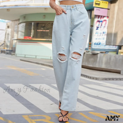 Amy Fashion - New Loose Retro Casual High Waist Ripped Wide Leg Street Fashionable Female Jean