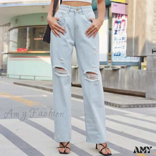 Amy Fashion - New Loose Retro Casual High Waist Ripped Wide Leg Street Fashionable Female Jean