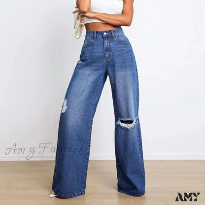 Amy Fashion - New Loose Ripped High Waist Wide Leg Casual Y2K Jean