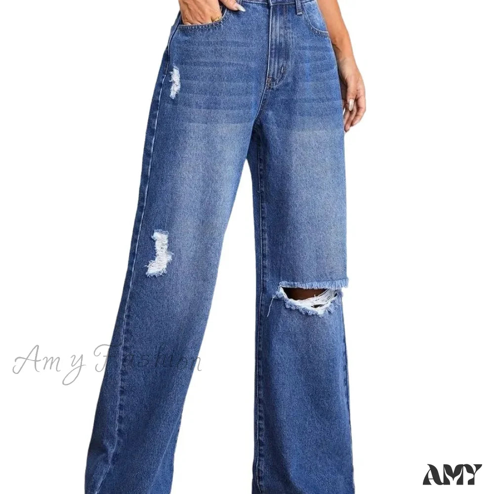 Amy Fashion - New Loose Ripped High Waist Wide Leg Casual Y2K Jean