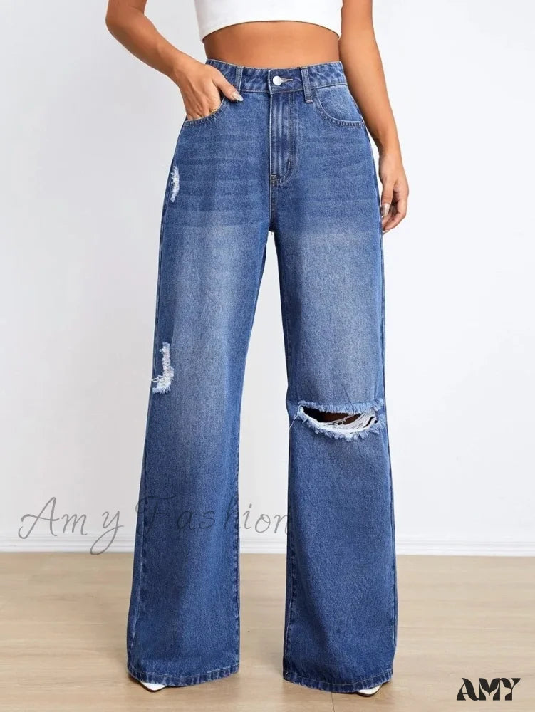 Amy Fashion - New Loose Ripped High Waist Wide Leg Casual Y2K Jean