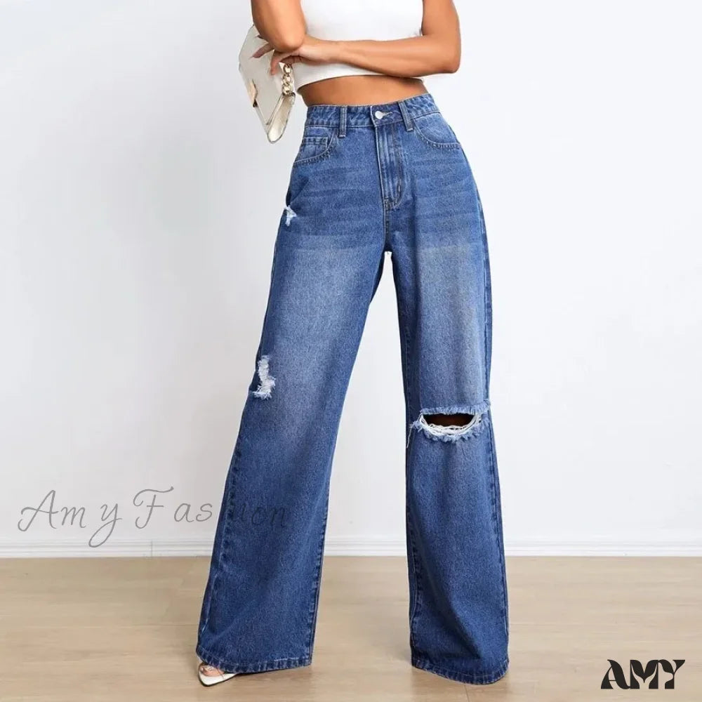 Amy Fashion - New Loose Ripped High Waist Wide Leg Casual Y2K Jean