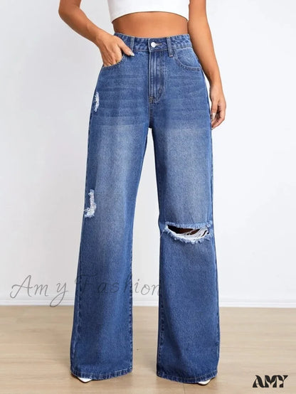 Amy Fashion - New Loose Ripped High Waist Wide Leg Casual Y2K Jean Blue / S