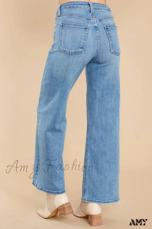 Amy Fashion - New Loose Straight Leg Casual Retro Distressed High Waist Wide Cropped Denim Jean