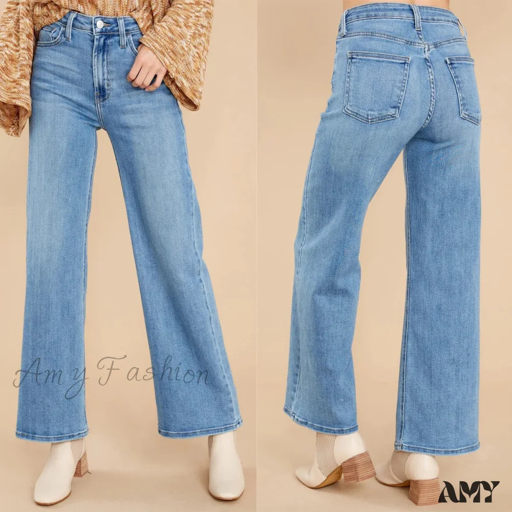 Amy Fashion - New Loose Straight Leg Casual Retro Distressed High Waist Wide Cropped Denim Jean