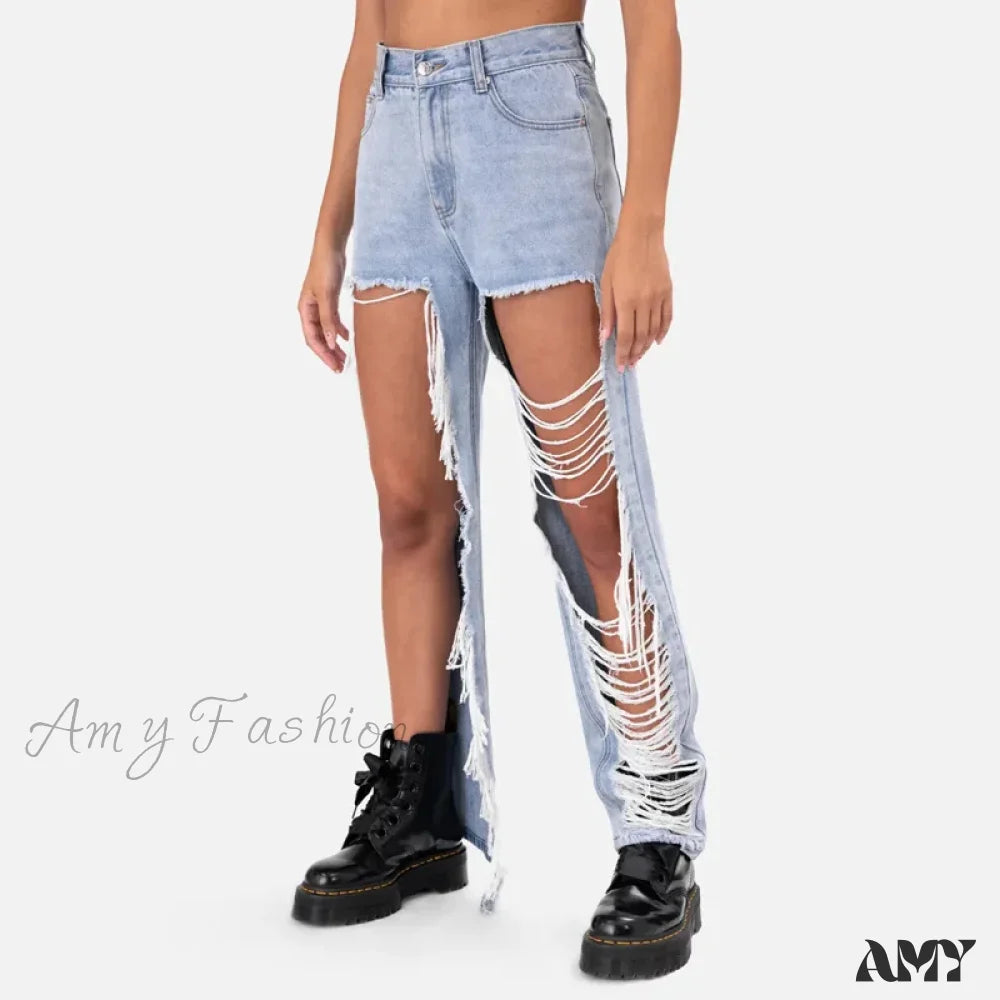 Amy Fashion - New Personalized Holes Woman Summer Waisted Streetwear Straight Wide Jean