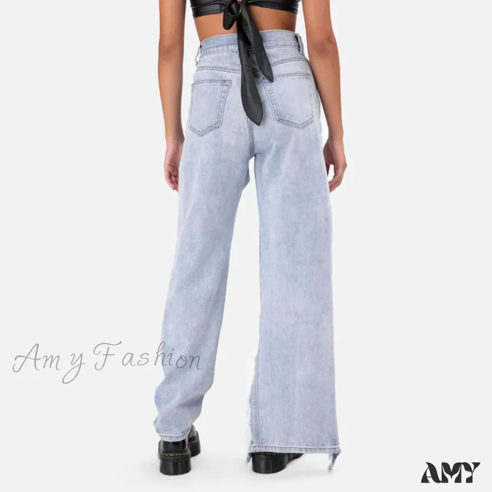 Amy Fashion - New Personalized Holes Woman Summer Waisted Streetwear Straight Wide Jean