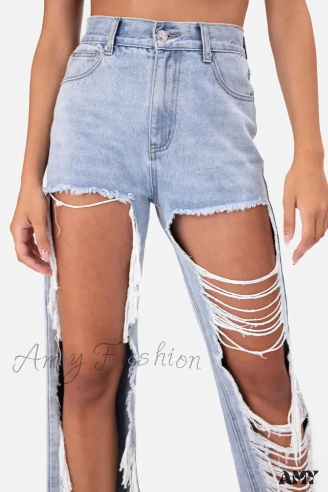 Amy Fashion - New Personalized Holes Woman Summer Waisted Streetwear Straight Wide Jean