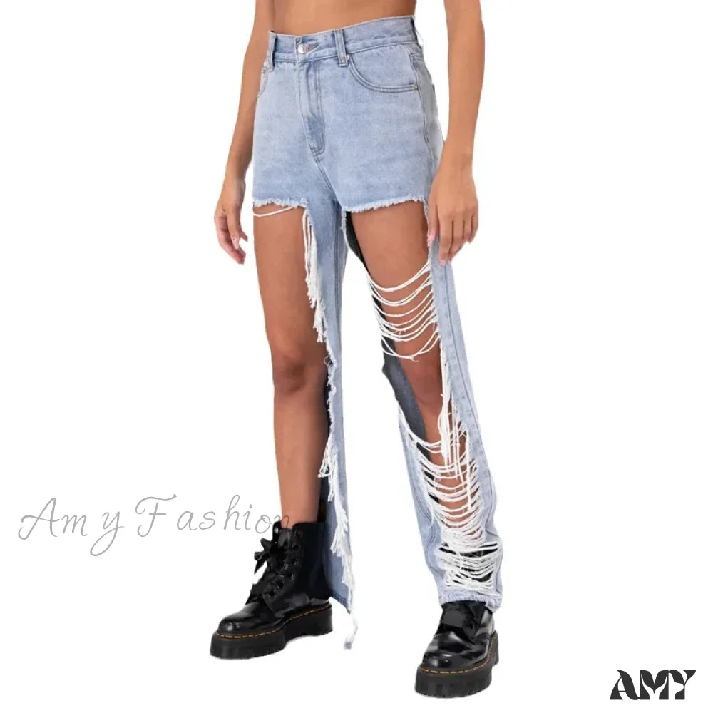 Amy Fashion - New Personalized Holes Woman Summer Waisted Streetwear Straight Wide Jean Blue / S