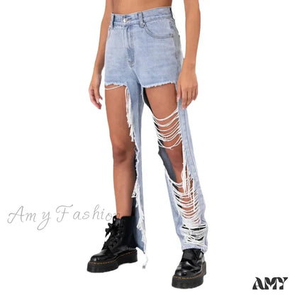 Amy Fashion - New Personalized Holes Woman Summer Waisted Streetwear Straight Wide Jean Blue / S