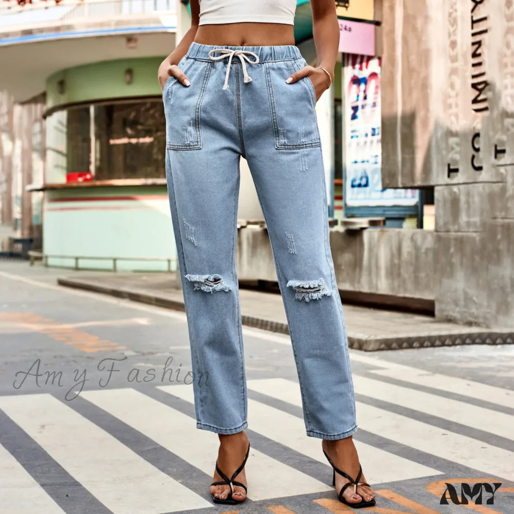 Amy Fashion - New Ripped Drawstring Elastic Waist Vintage Casual Baggy Denim Jean