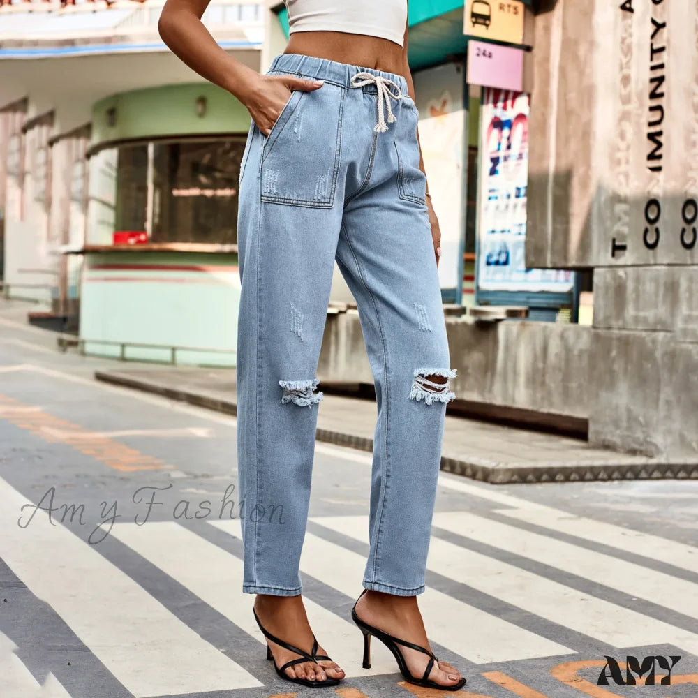 Amy Fashion - New Ripped Drawstring Elastic Waist Vintage Casual Baggy Denim Jean