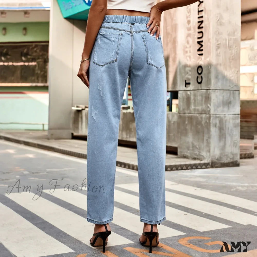 Amy Fashion - New Ripped Drawstring Elastic Waist Vintage Casual Baggy Denim Jean