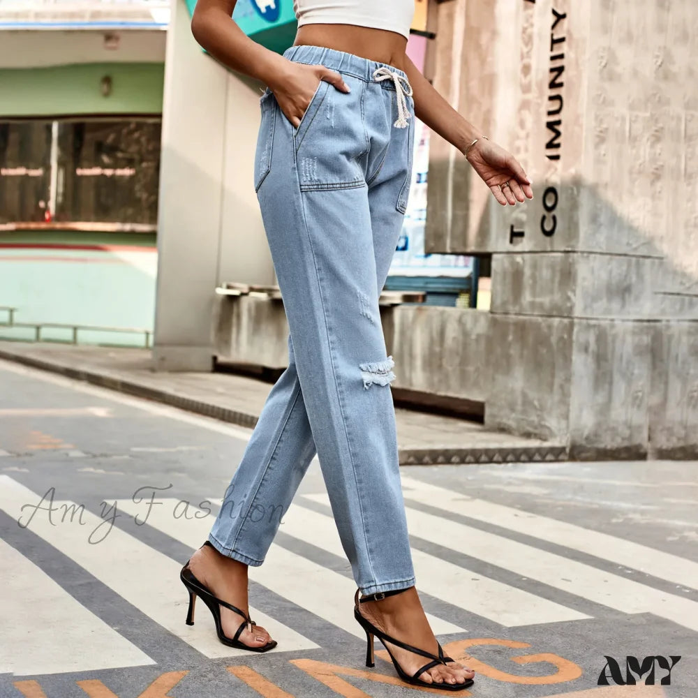 Amy Fashion - New Ripped Drawstring Elastic Waist Vintage Casual Baggy Denim Jean