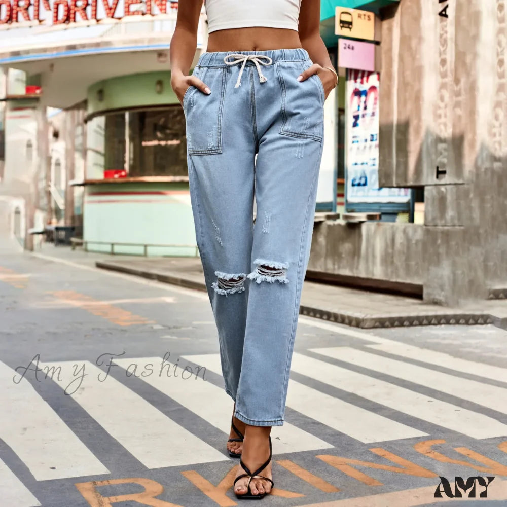 Amy Fashion - New Ripped Drawstring Elastic Waist Vintage Casual Baggy Denim Jean