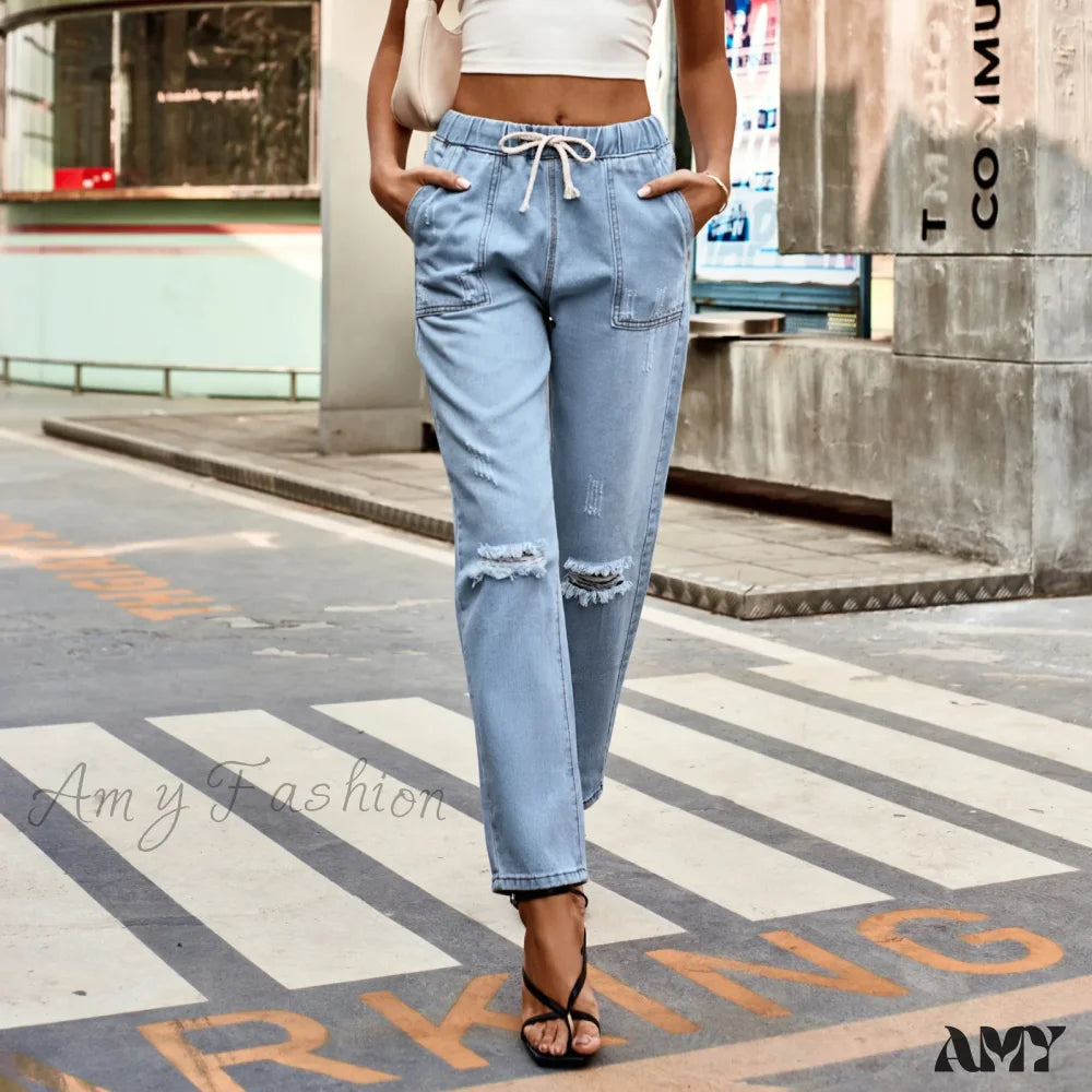 Amy Fashion - New Ripped Drawstring Elastic Waist Vintage Casual Baggy Denim Jean Blue / S