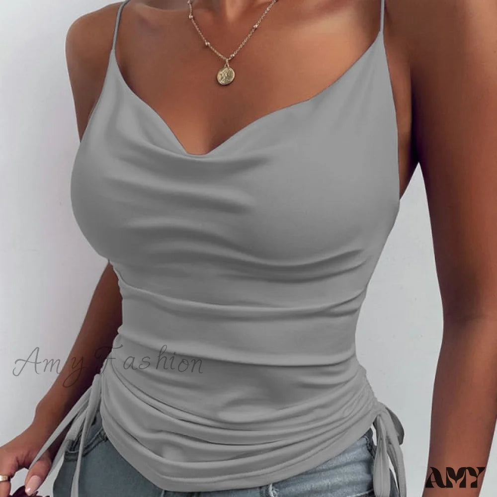 Amy Fashion - New Sexy Strap Basic Tops Gray / Xl