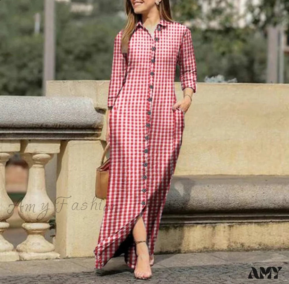 Amy Fashion - New Shirt Collar Button Long Denim Skirt Dress