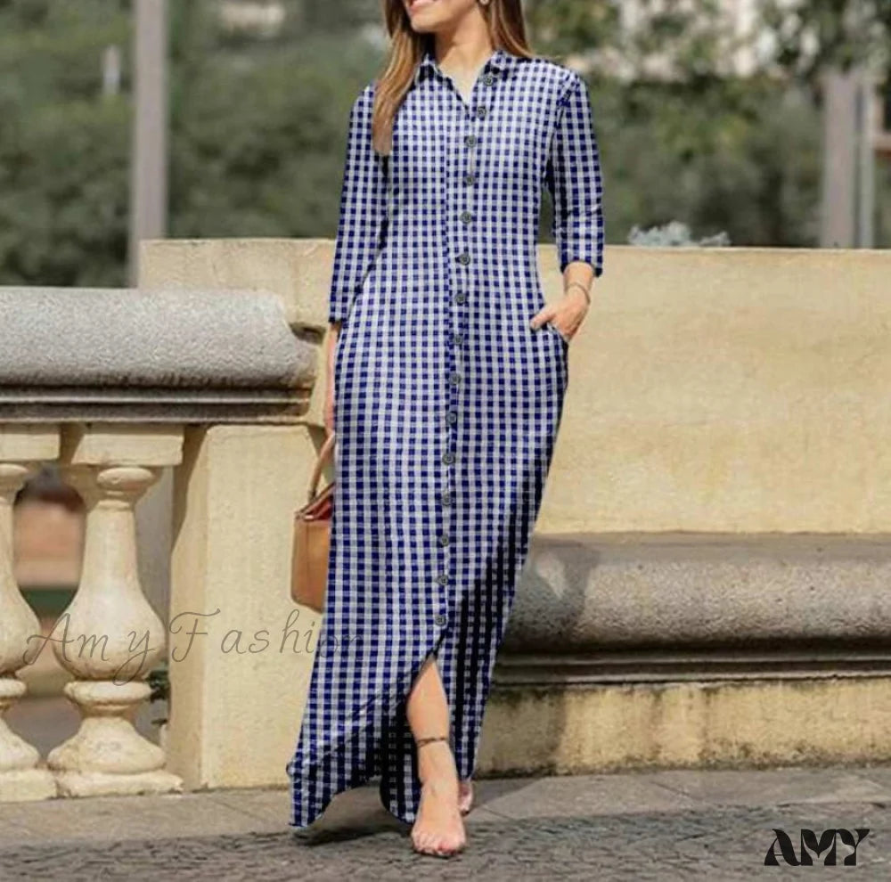 Amy Fashion - New Shirt Collar Button Long Denim Skirt Dress