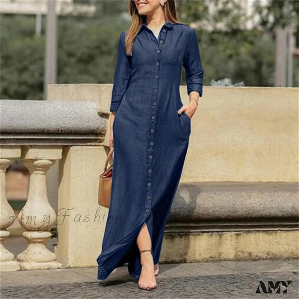 Amy Fashion - New Shirt Collar Button Long Denim Skirt Dress