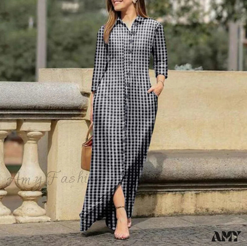 Amy Fashion - New Shirt Collar Button Long Denim Skirt Dress