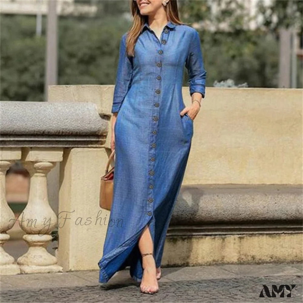 Amy Fashion - New Shirt Collar Button Long Denim Skirt Dress