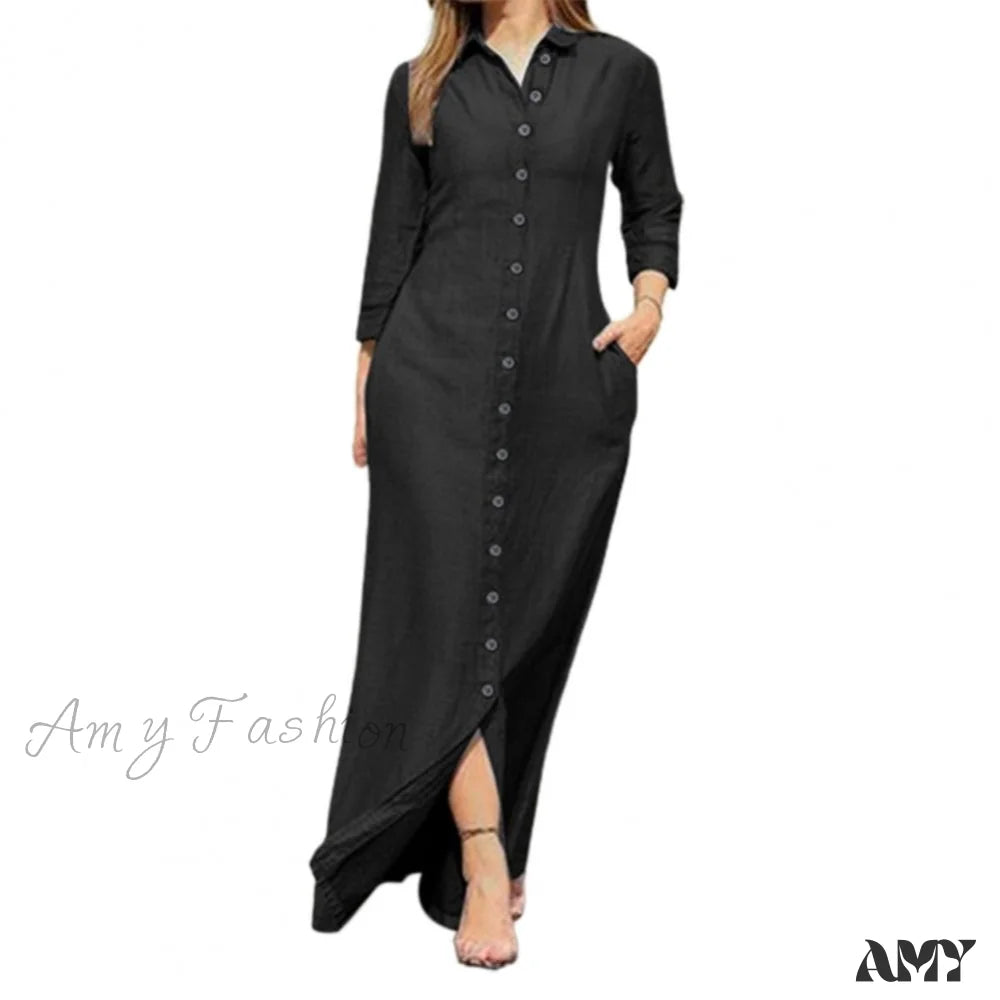 Amy Fashion - New Shirt Collar Button Long Denim Skirt Dress Black / S