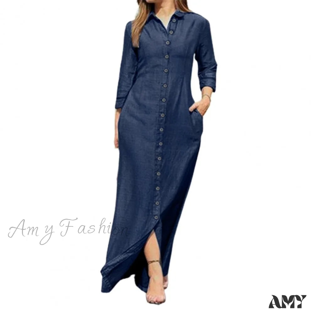 Amy Fashion - New Shirt Collar Button Long Denim Skirt Dress Dark Blue / S