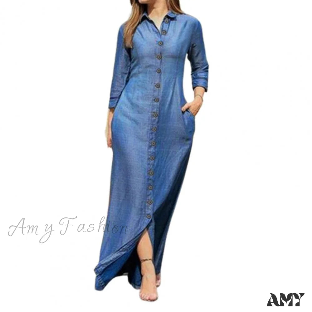 Amy Fashion - New Shirt Collar Button Long Denim Skirt Dress Light Blue / S