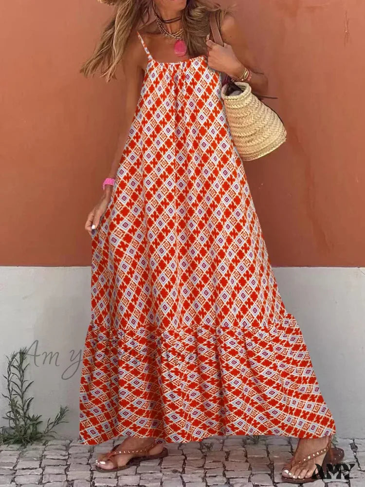 Amy Fashion - New Sleeveless Print Summer Spaghetti Strap Boho Dress