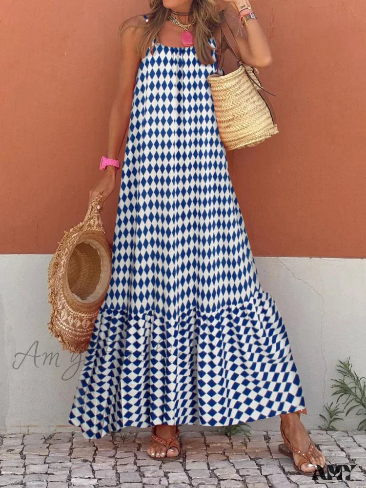 Amy Fashion - New Sleeveless Print Summer Spaghetti Strap Boho Dress Blue / S