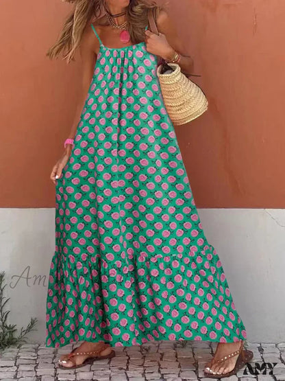 Amy Fashion - New Sleeveless Print Summer Spaghetti Strap Boho Dress Green / S