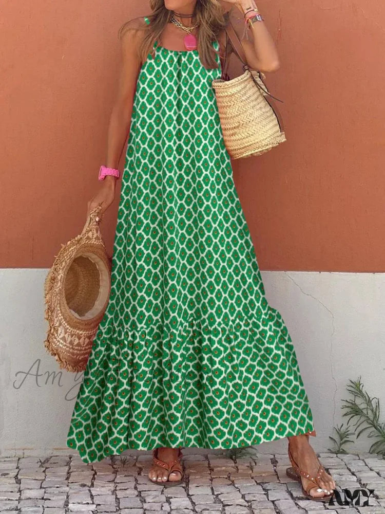 Amy Fashion - New Sleeveless Print Summer Spaghetti Strap Boho Dress Light Green / S