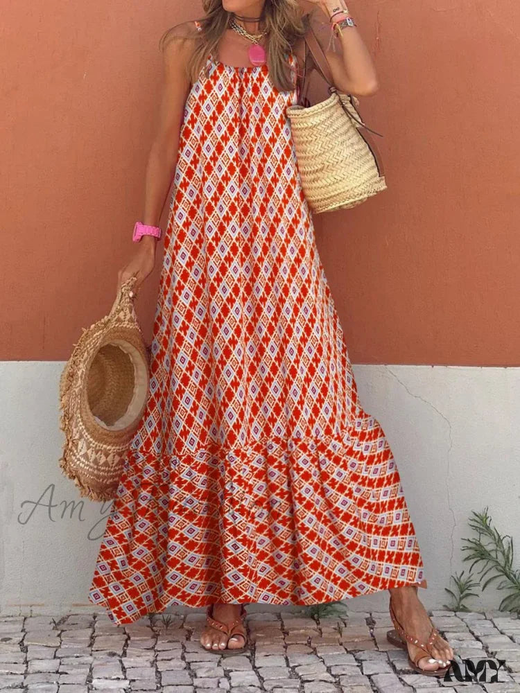 Amy Fashion - New Sleeveless Print Summer Spaghetti Strap Boho Dress Orange Red / S