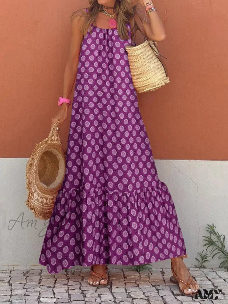 Amy Fashion - New Sleeveless Print Summer Spaghetti Strap Boho Dress Purple / S