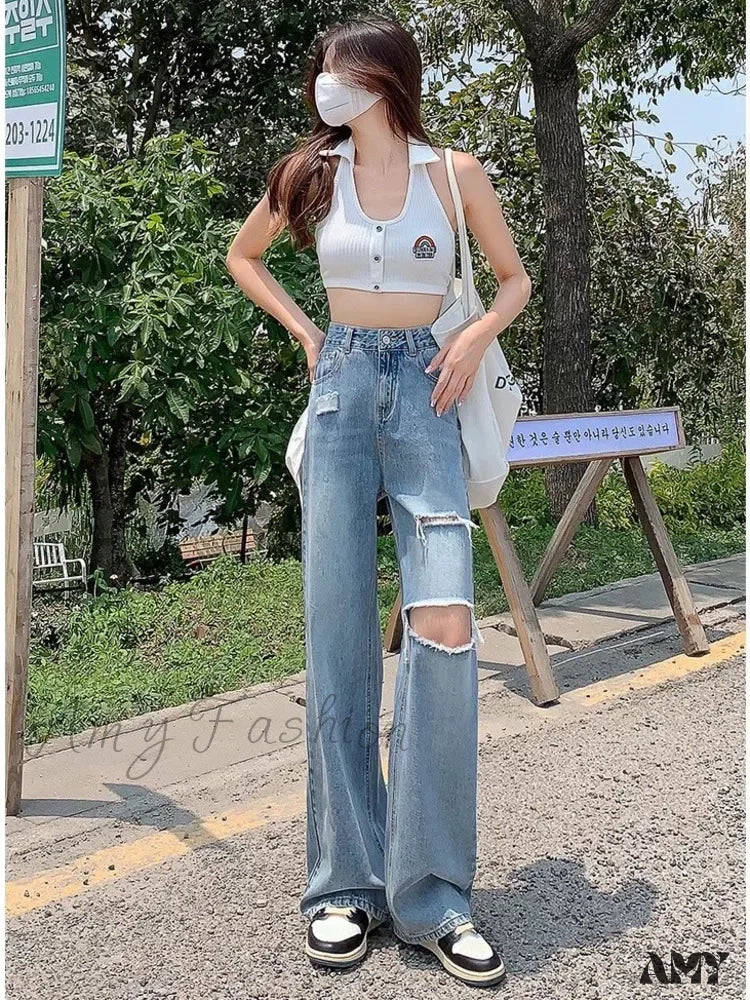 Amy Fashion - New Straight Loose High Waist Thin Women’s Summer Section Wide Leg Pants Jean